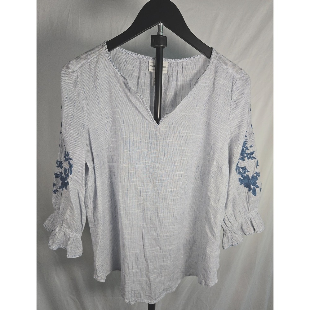 Boho Blue White Embroidered Peasant Blouse Sz S 100% Cotton Cottagecore Prairie